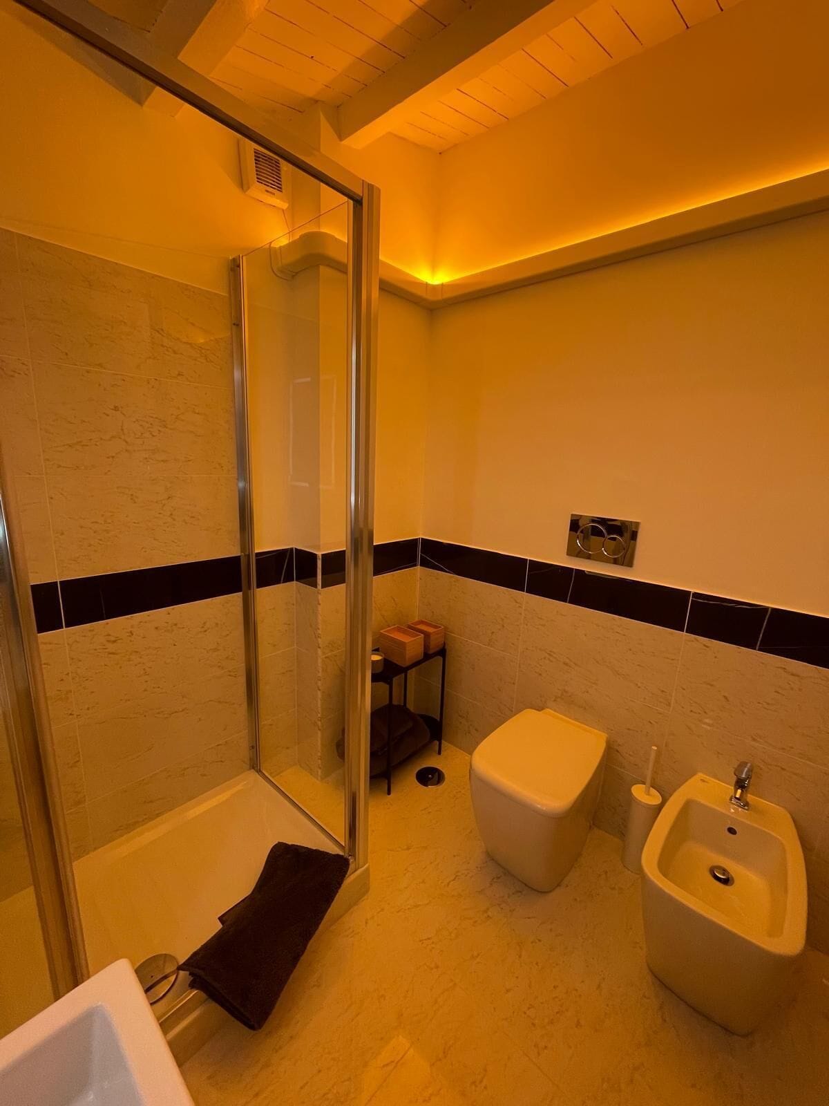 A modern bathroom with a glass-enclosed shower, a toilet, a bidet, and a small shelf with toiletries.