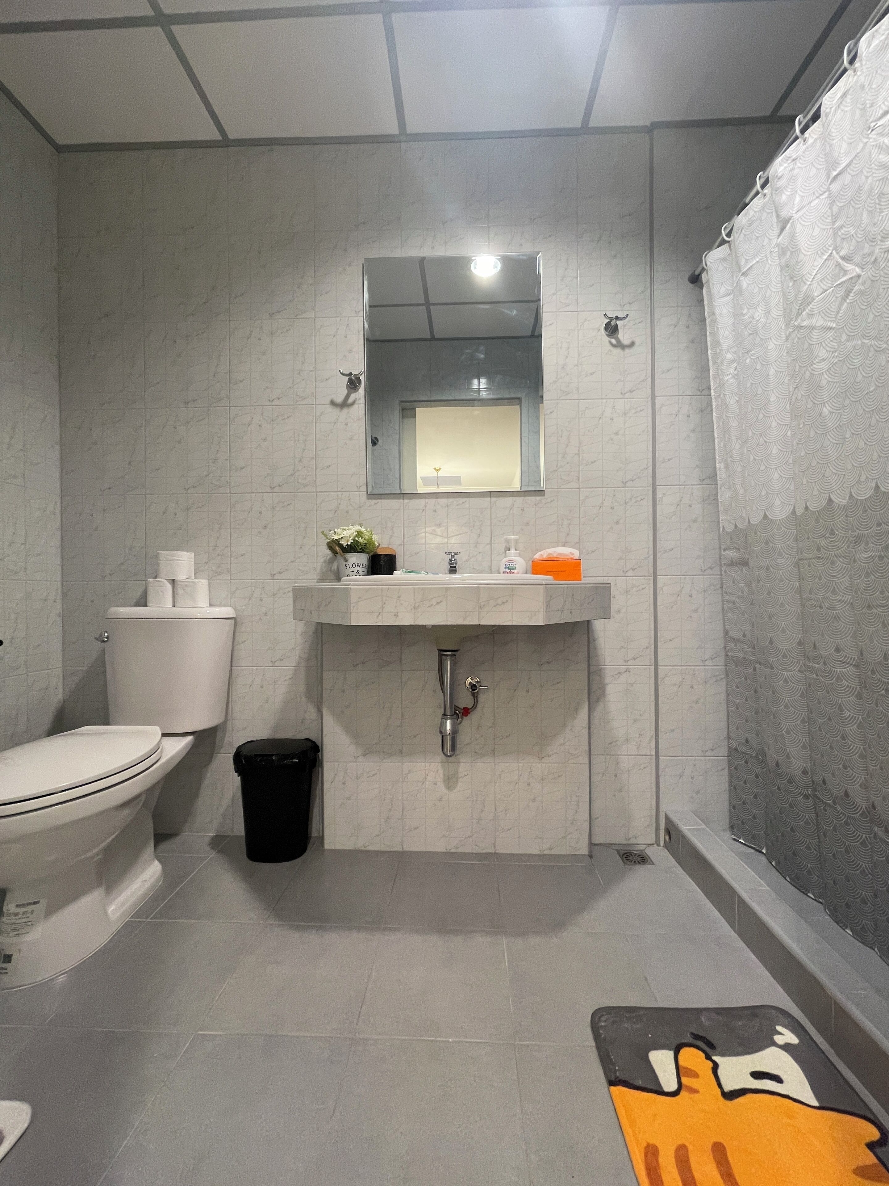A bathroom with a toilet, sink, and shower curtain.
