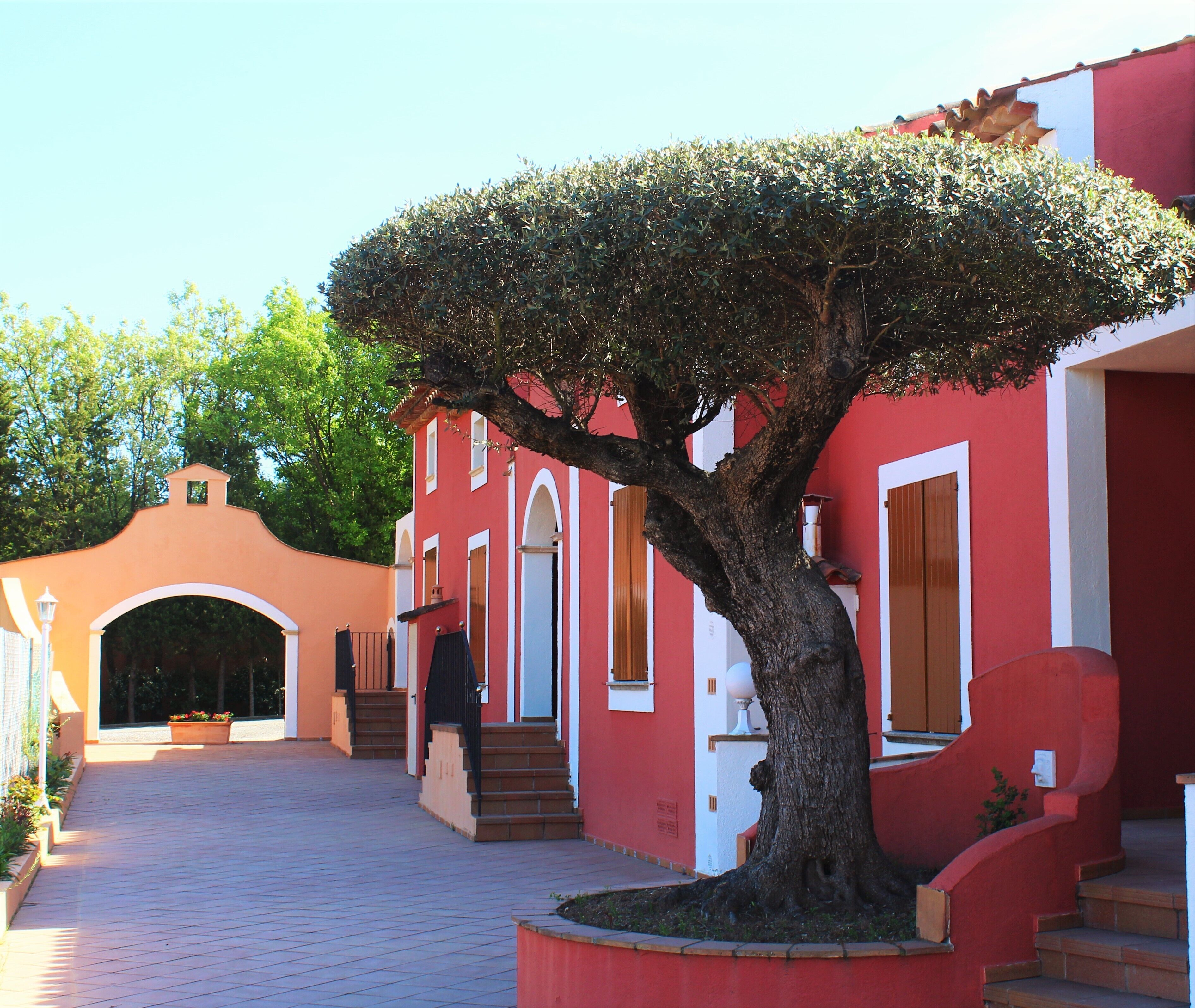 Un bâtiment rouge avec un arbre devant, un escalier et un ciel dégagé.