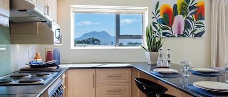 A kitchen with a stove, oven, and cabinets. There is a window with a view of mountains.