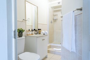 Dusche, umweltfreundliche Kosmetikartikel, Haartrockner, Handtücher