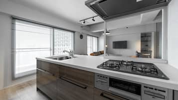 Frigorífico, microondas, placa de cocina y tostadora