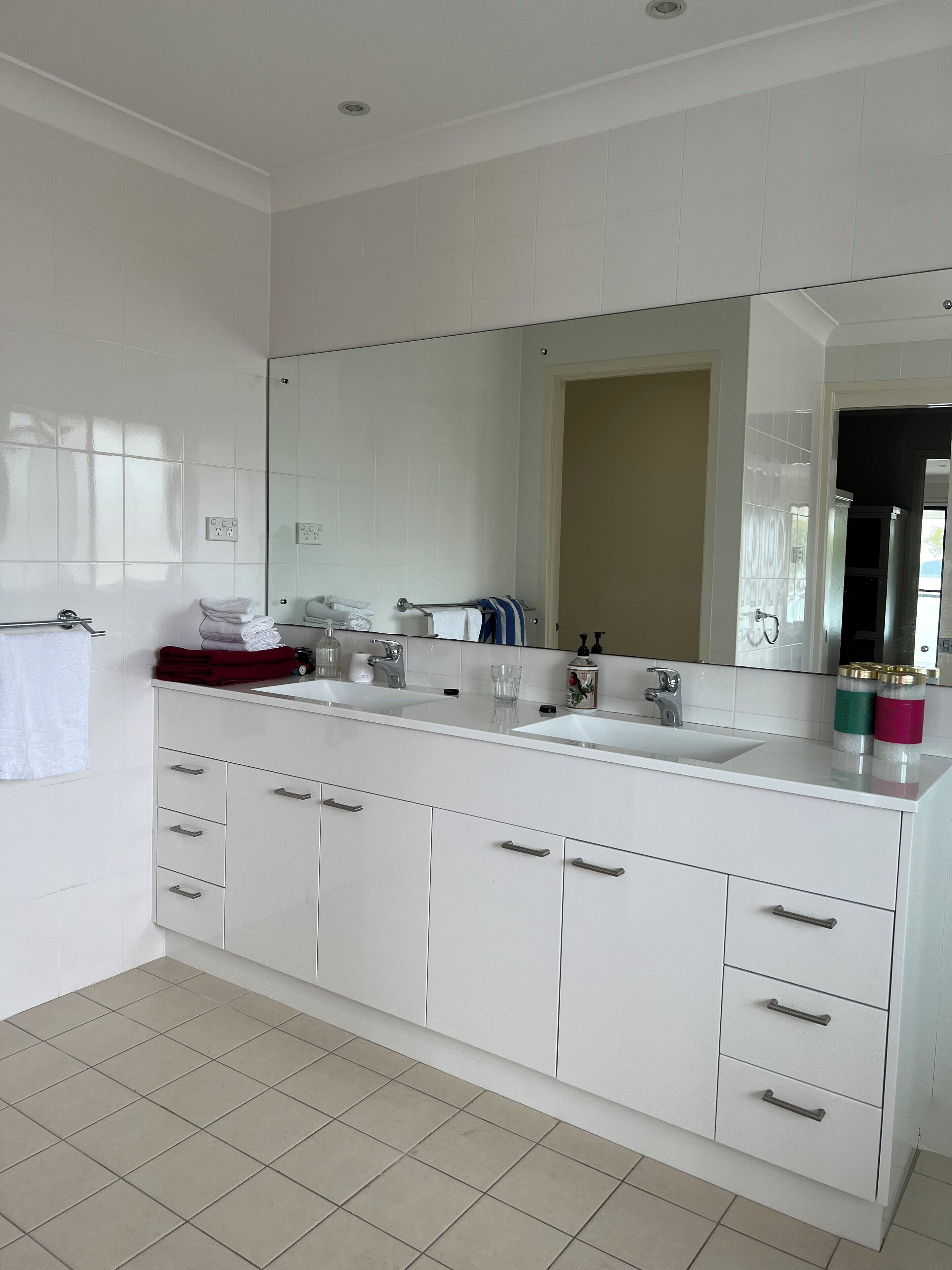 Hair dryer, towels, toilet paper