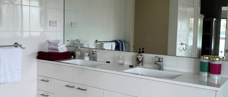 Hair dryer, towels, toilet paper