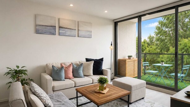 En moderne stue med sofa, sofabord og udsigt til en balkon med udendørs møbler.