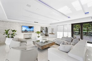 Télévision, cheminée, chaîne hi-fi