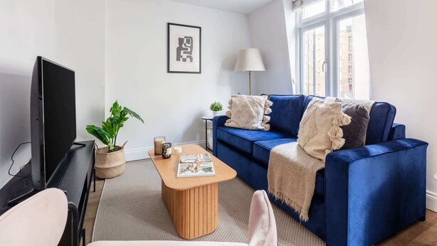 A modern living room with a blue sofa, a wooden coffee table, a television, and a potted plant. - Lovely 1BR near Big Ben & Buckingham Palace (London)