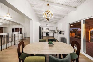 A modern kitchen with white cabinets and a central island.