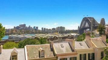 A coastal cityscape with a prominent bridge, likely the Sydney Harbour Bridge, and a cluster of buildings with flat roofs and green shutters.