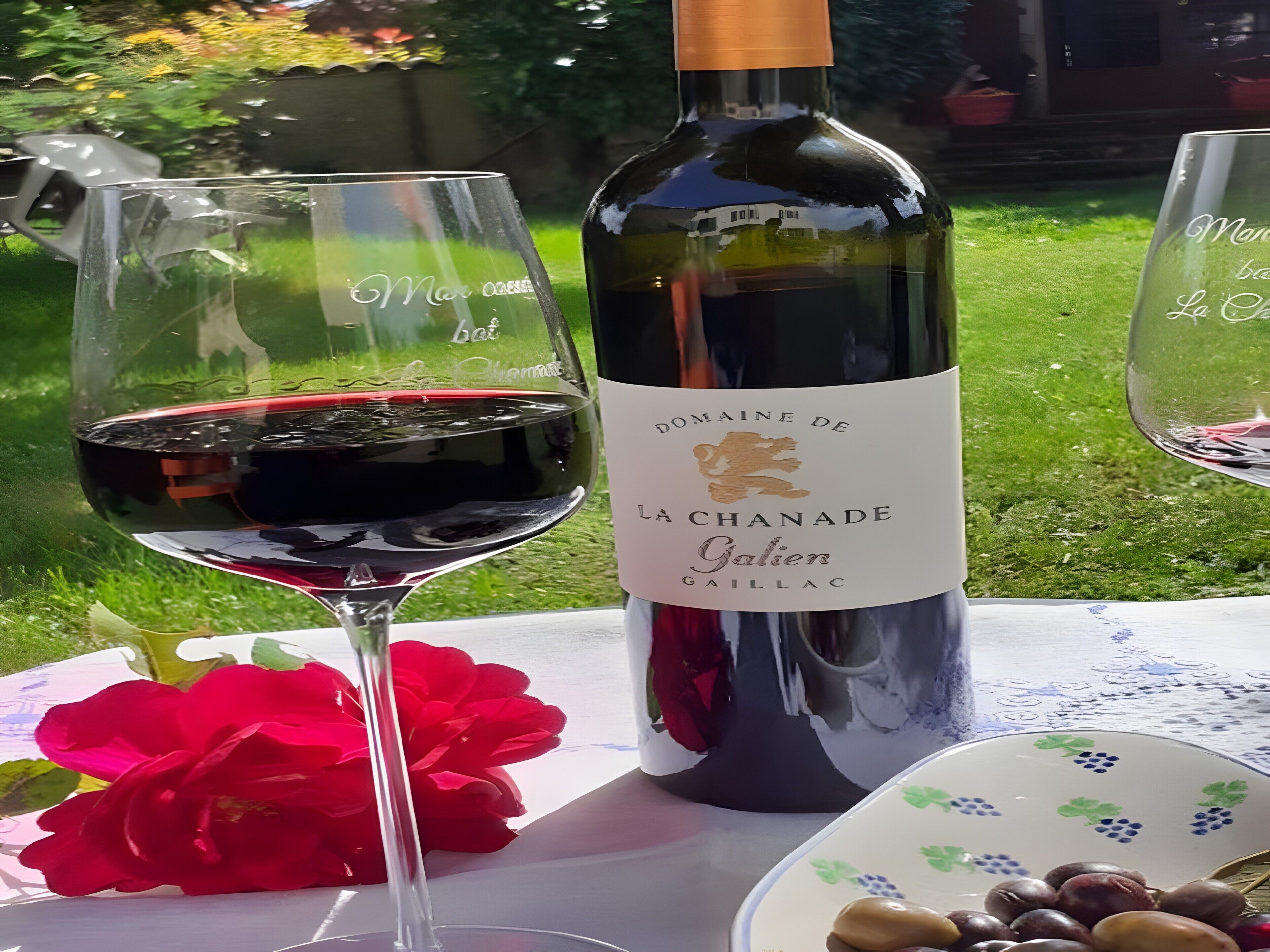 Een fles wijn met etiket, een glas rode wijn, een rode bloem en een schaal met druiven.
