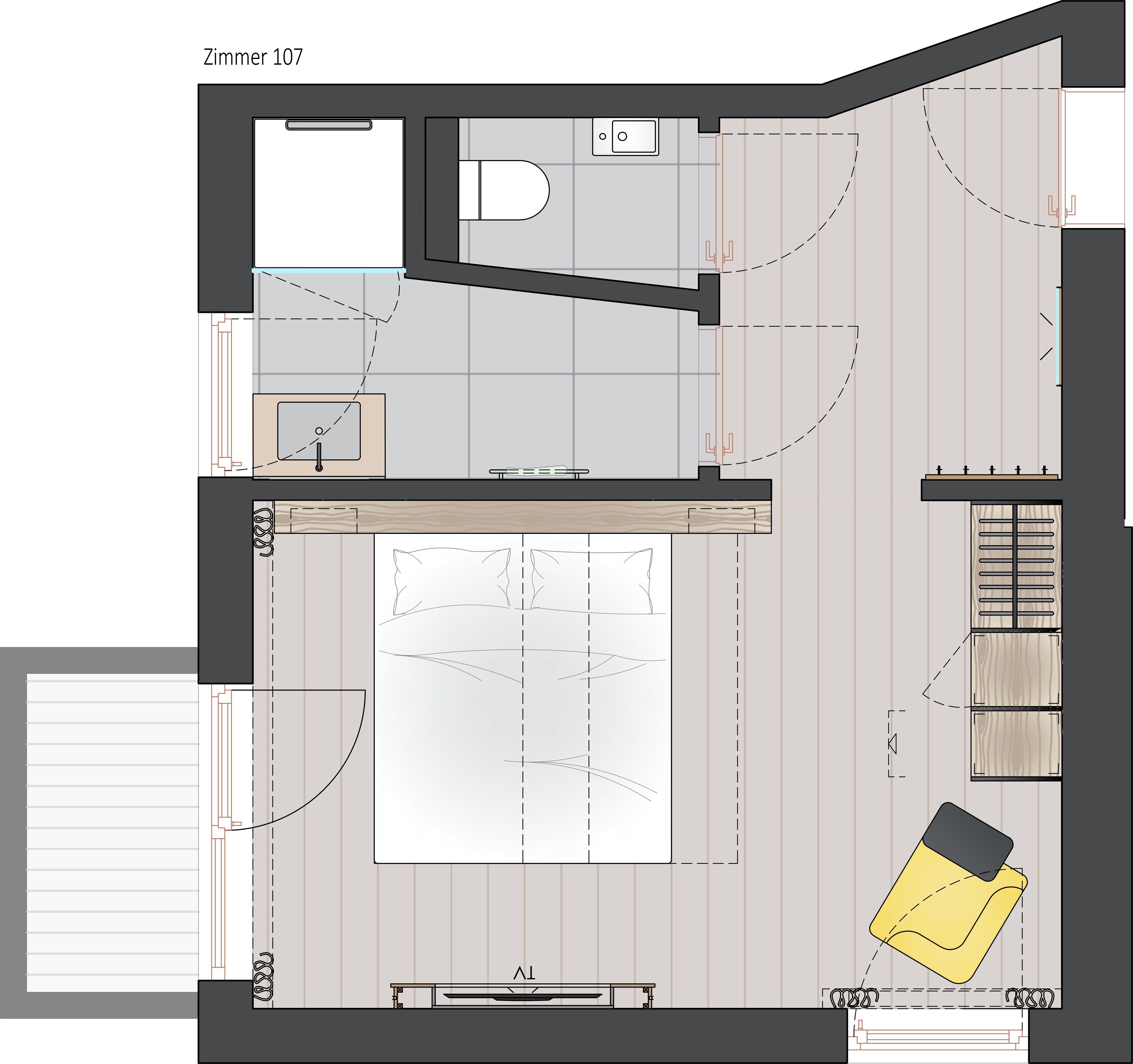 A floor plan of a modern apartment with a living room, kitchen, bathroom, and a balcony.