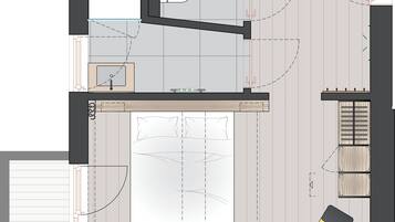 A floor plan of a modern apartment with a living room, kitchen, bathroom, and a balcony.