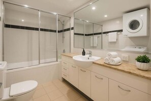 Hair dryer, towels, soap, shampoo