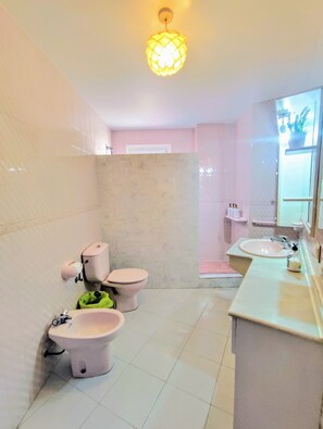 Hair dryer, towels, soap, toilet paper