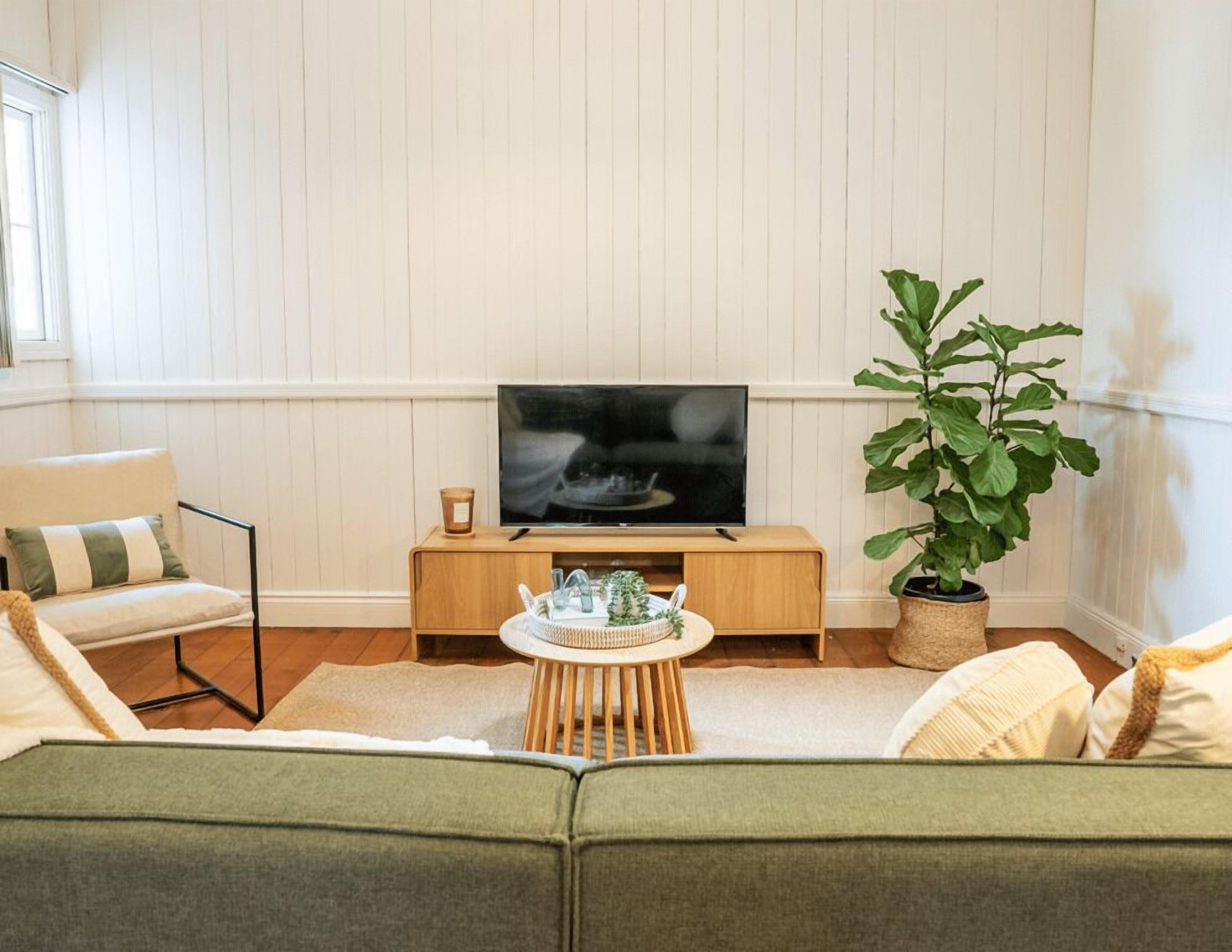 Un salon avec un téléviseur posé sur un meuble en bois, un canapé vert, une petite table ronde avec un plateau, et une plante en pot.