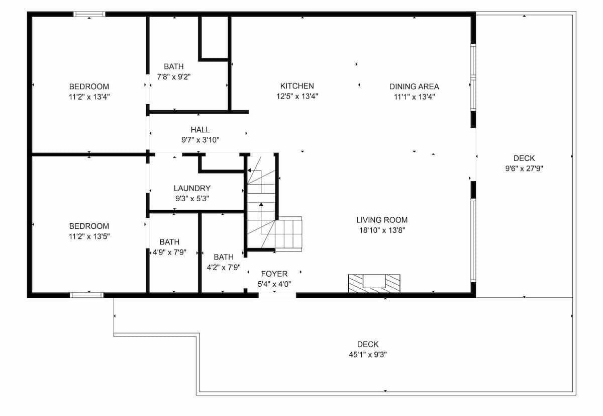Planta baixa com dois quartos, duas casas de banho, cozinha, sala de jantar, sala de estar, hall de entrada, corredor, lavanderia e duas varandas.