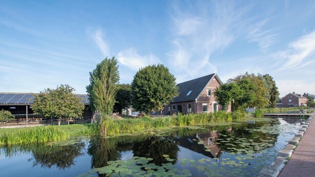 Un plan d’eau paisible, parsemé de nénuphars, entouré d’arbres et bordé d’un bâtiment doté d’un toit en pente.