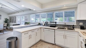 A modern kitchen with white cabinetry, a large island, a built-in dishwasher, and a window with blinds.