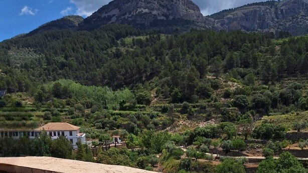 Un jacuzzi con panel de control, rodeado de paisaje montañoso y vegetación.