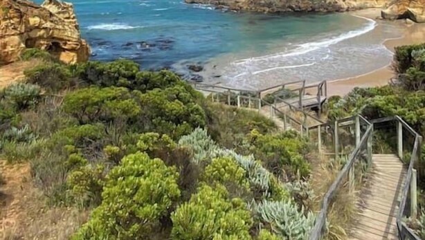 A coastal landscape with a wooden walkway leading to a beach, surrounded by greenery and rocky cliffs. - The Shark Haus Summar (Peterborough)