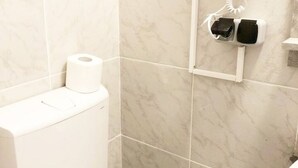 Kylpyhuoneessa on wc, paperipyyheannostelija ja seinälle asennettu käsienkuivaaja.