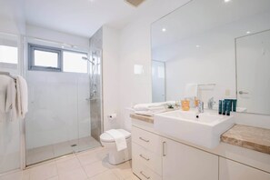 Shower, hair dryer, towels