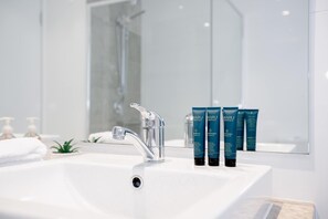 Shower, hair dryer, towels, shampoo