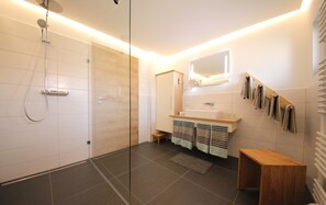 Shower, hair dryer, towels