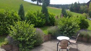 A patio with a table and chairs, surrounded by various plants and a view of a green field. - Gästehaus Weilerhof – Very Quiet and Sunny Location (Todtnauberg)
