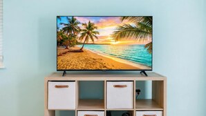 Un televisor mostrando una escena de playa con palmeras y un atardecer.