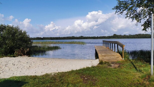 A wooden pier extending into a calm lake with a sandy shore and grassy areas. - 5 Star Holiday Home in Ansager (Ansager)