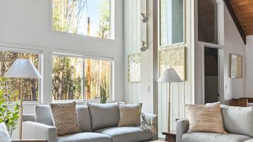 Smart TV, fireplace, books, stereo