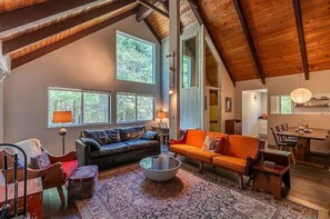 Smart TV, fireplace, books, stereo