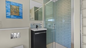 Shower, hair dryer, towels