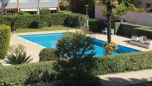 Una piscina circondata da siepi curate e da una palma.