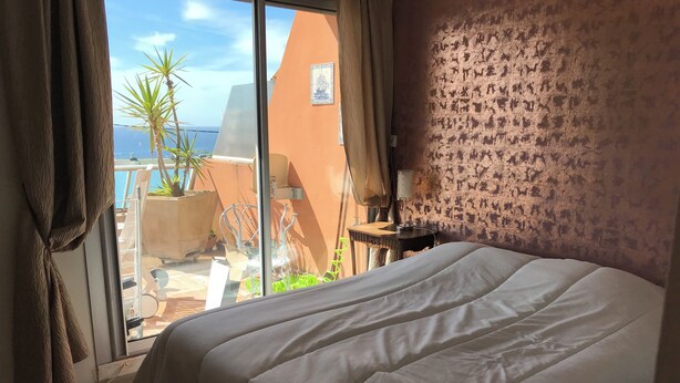 Camera d'albergo con un letto grande, vista sul mare e un balcone con piante in vaso.
