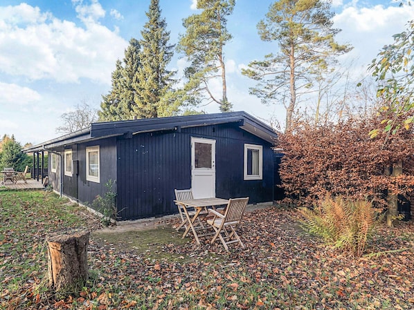 A small, dark-colored cabin with a single door and windows, surrounded by a natural landscape with trees and fallen leaves. - 4 Star Holiday Home in Hornbaek (Hornbaek)