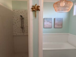 Hair dryer, towels, soap, shampoo