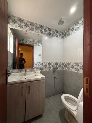 Bidet, towels, soap, toilet paper