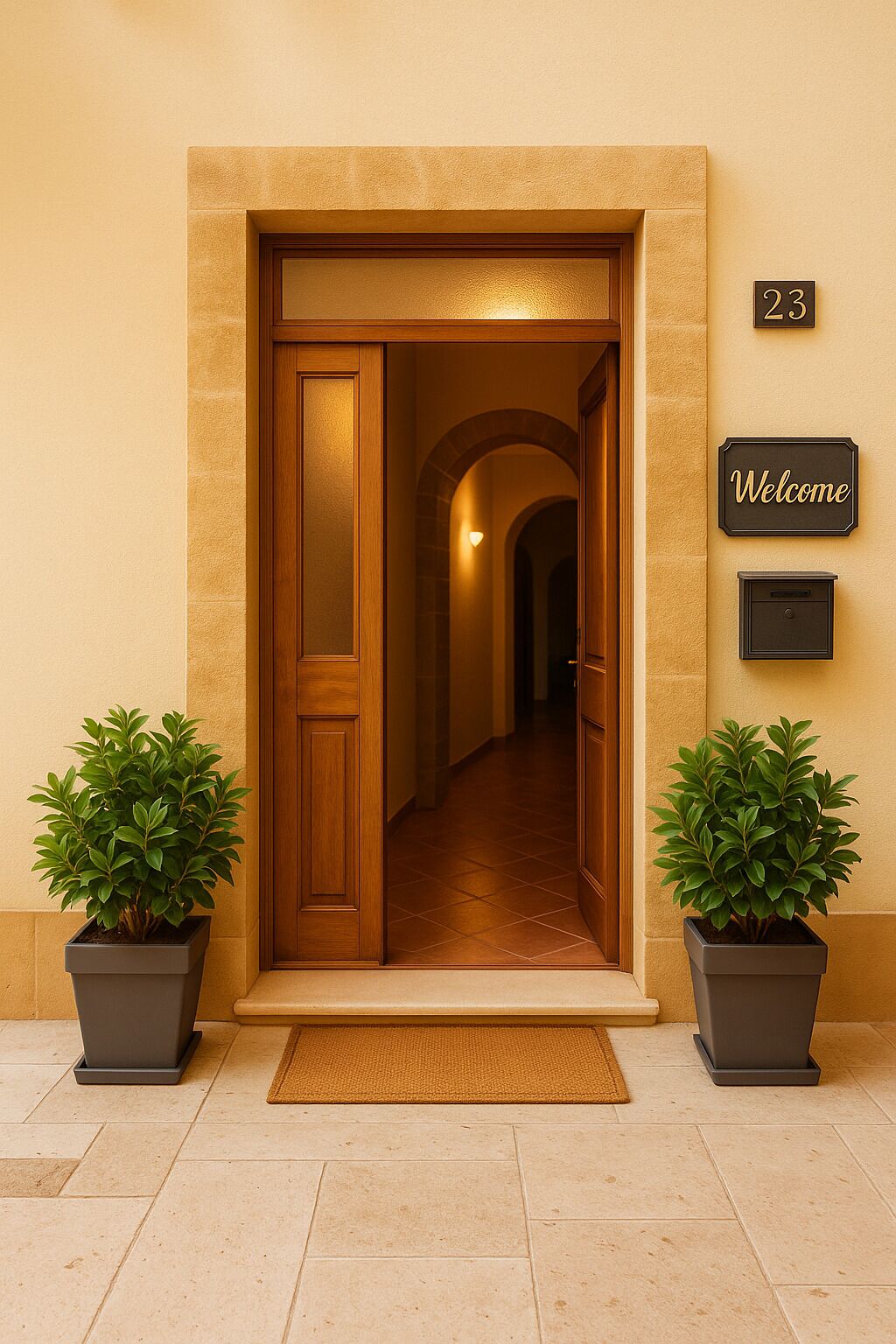 Ein Hotel, dessen Eingang eine Holztür, ein Willkommensschild und zwei Kübelpflanzen zeigen.