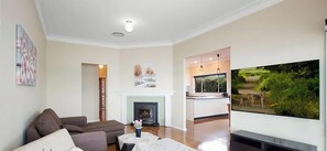 Smart TV, fireplace, books