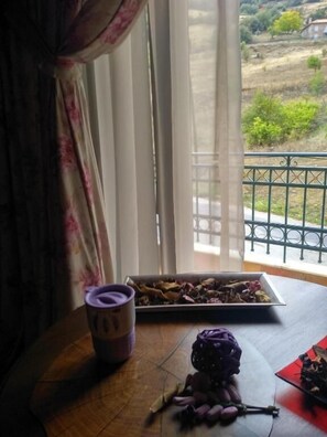 Una habitación con vistas a un paisaje rural a través de una ventana con cortinas.