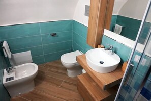 Shower, hair dryer, bidet, towels