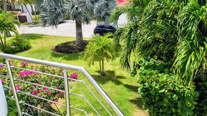 Un jardín bien cuidado con una palmera, diversos arbustos y una escalera metálica que lleva a un edificio.