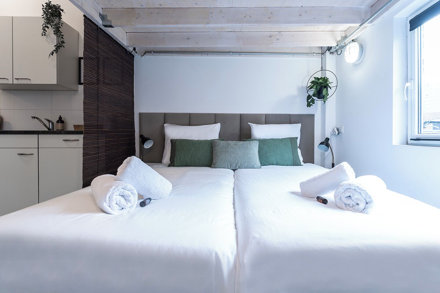 Una habitación de hotel con dos camas, techo de madera, una ventana y una planta.