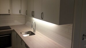 A modern kitchen with grey cabinets, a stainless steel sink, and a lighted backsplash. - Modern apartment near train station (H77A) (Narvik)