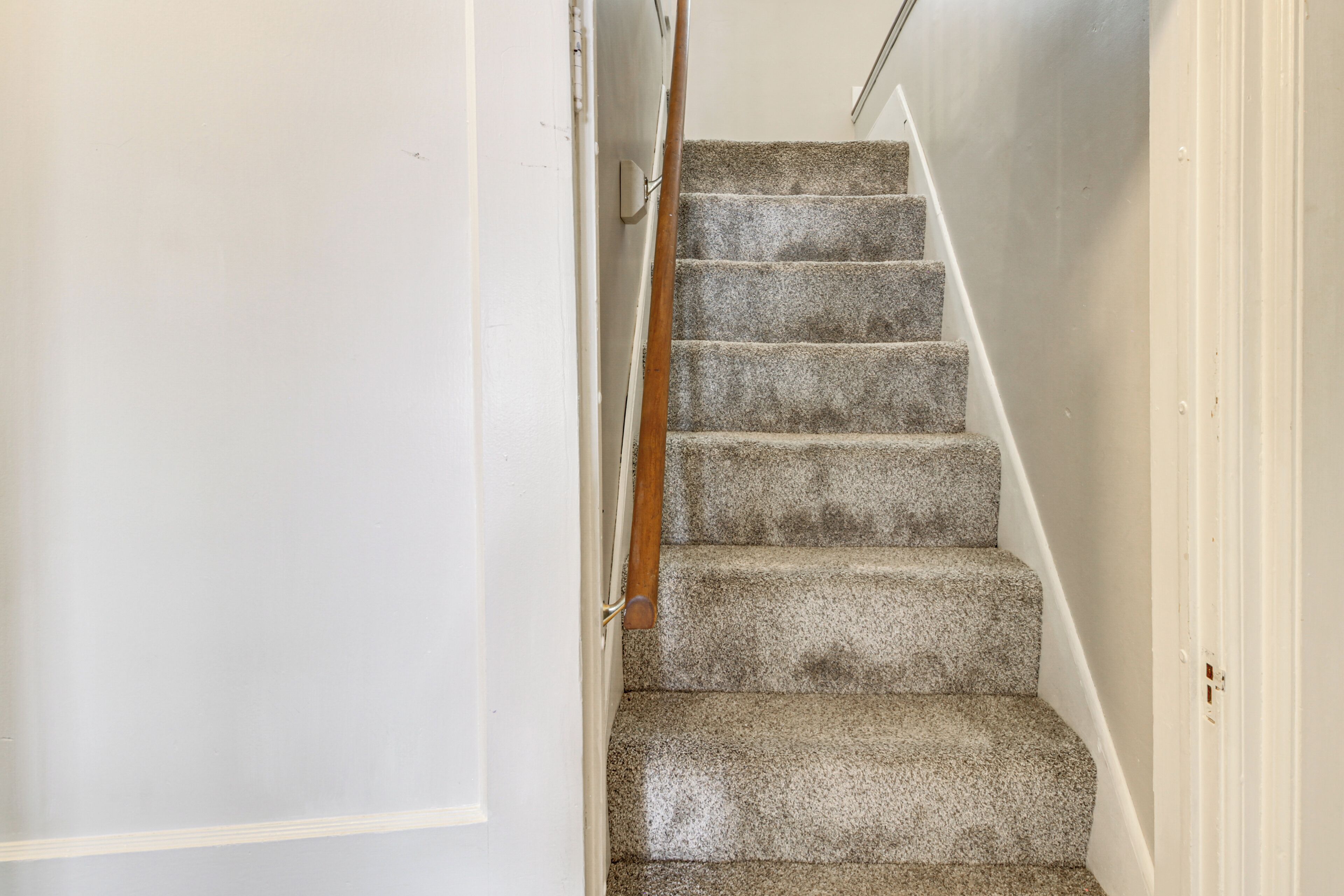 A carpeted staircase with a wooden handrail leading to a white door.