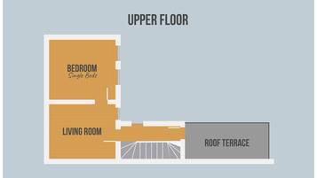 A floor plan of an upper floor with a bedroom, living room, and roof terrace.
