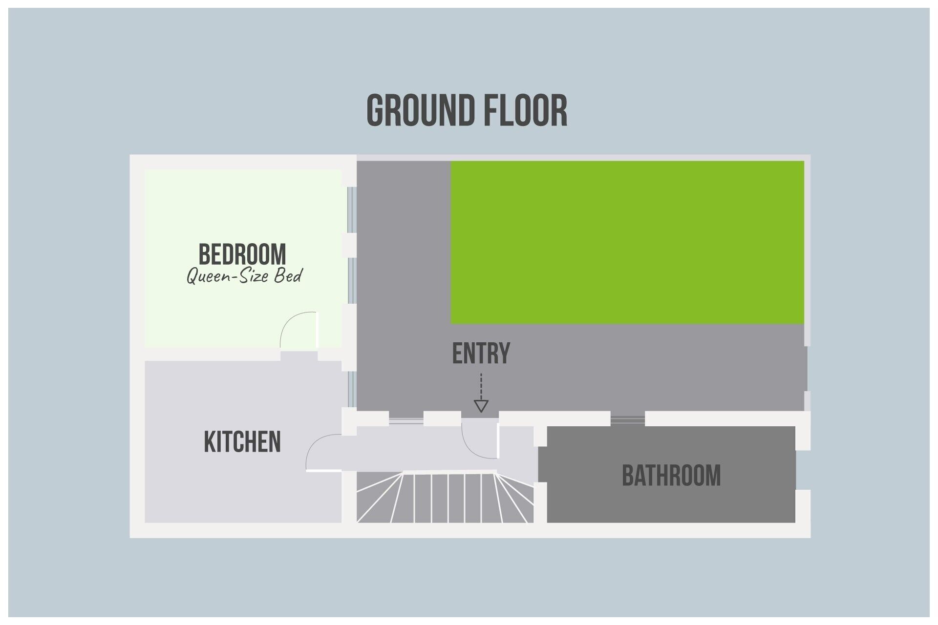 Un appartement situé au rez-de-chaussée, comprenant une chambre, une cuisine, une entrée et une salle de bain.