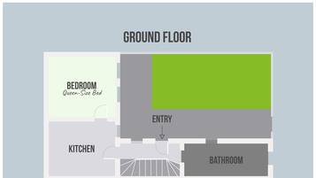 Un appartement situé au rez-de-chaussée, comprenant une chambre, une cuisine, une entrée et une salle de bain.